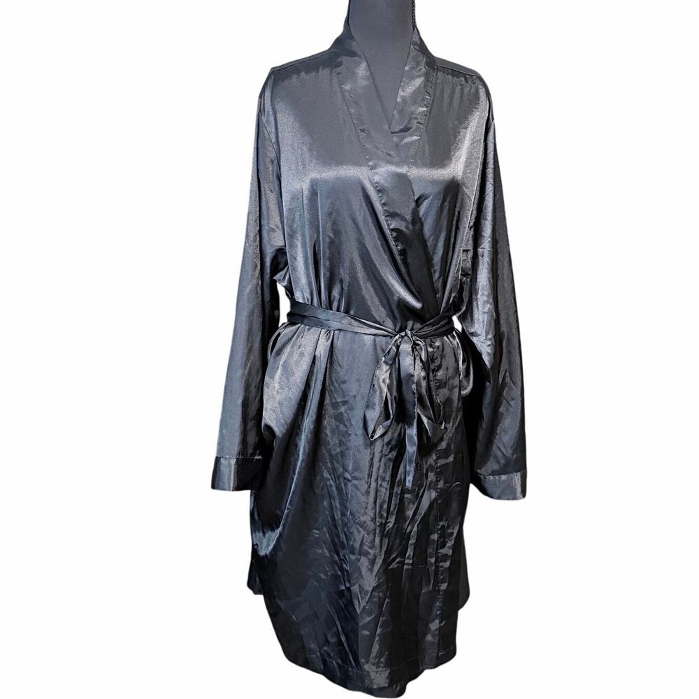 Thalia Sodi Intimates Black Satin Wrap Robe Long Sleeve Size XXL romantic sleek